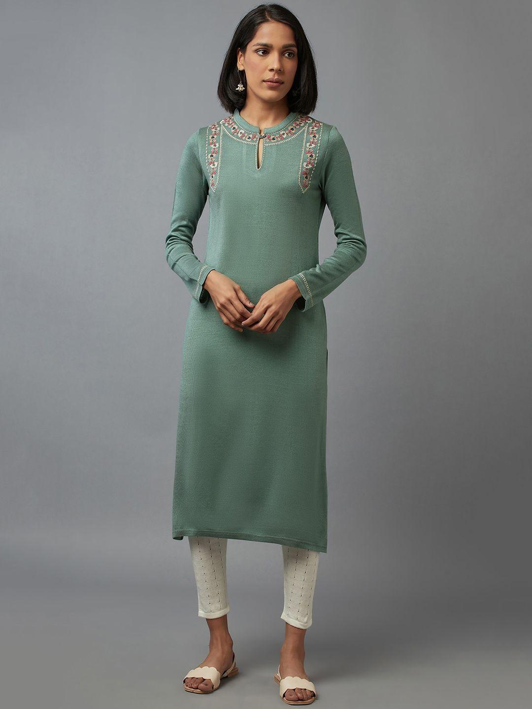 w women sea green floral acrylic woolen kurta