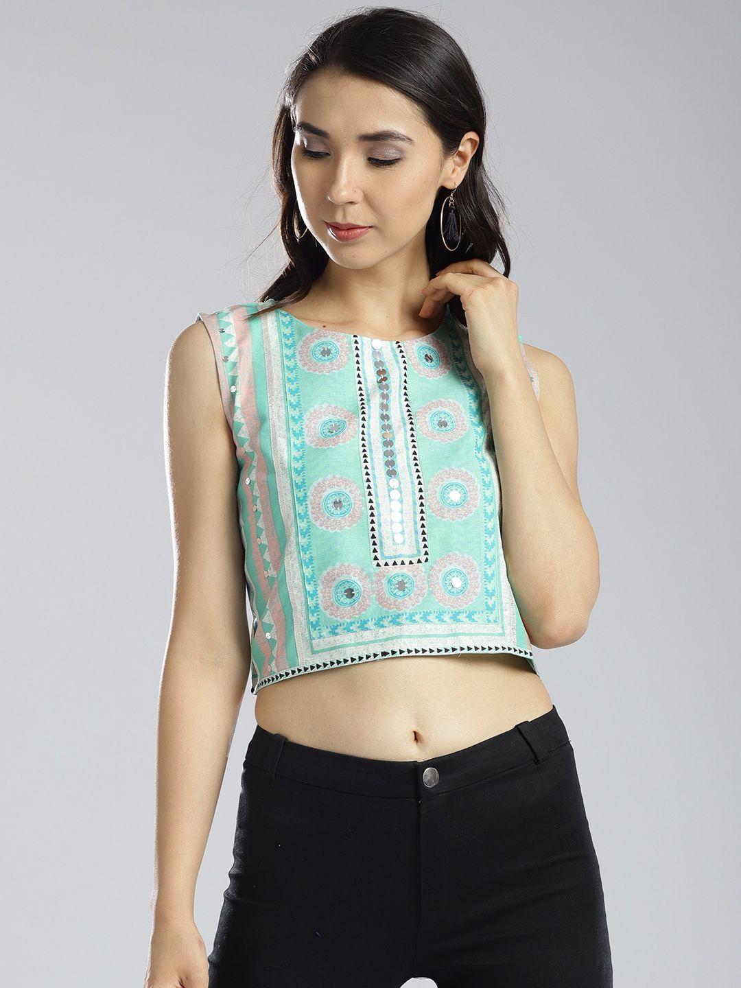 w women sea green printed crop top