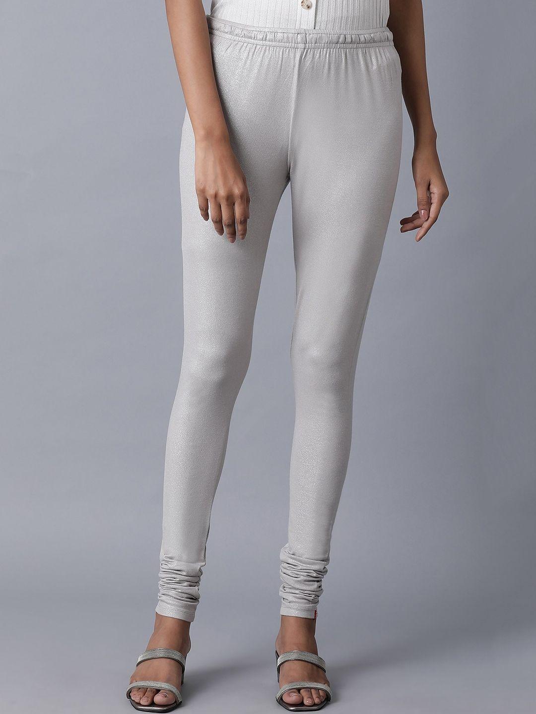 w women silver colored solid straight fit churidar length leggings