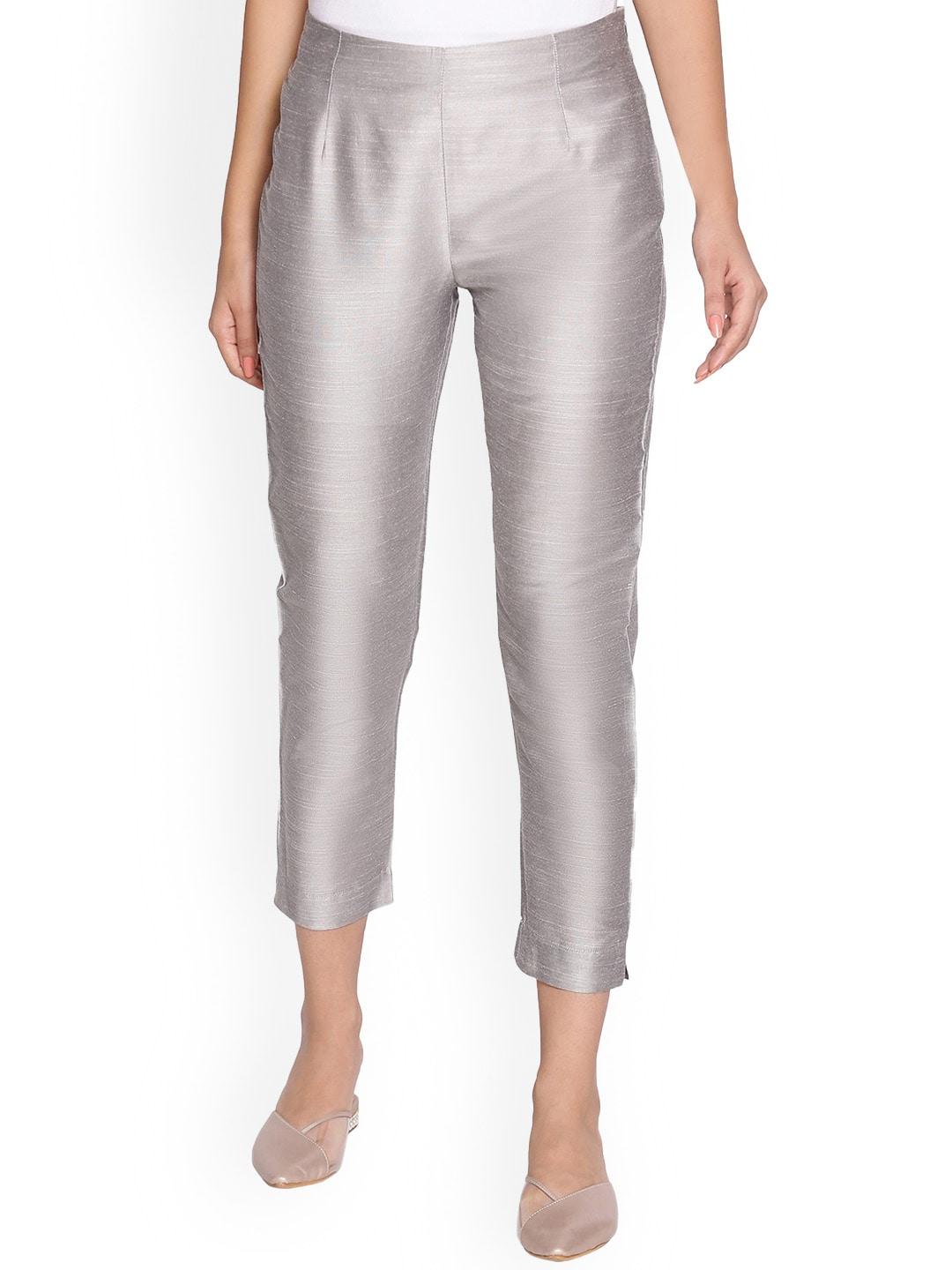 w women silver-toned comfort slim fit cropped trousers