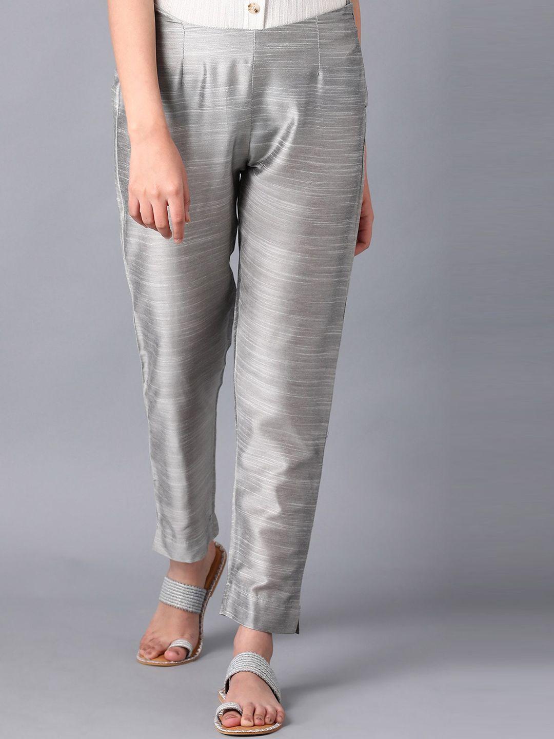 w women silver-toned slim fit trousers