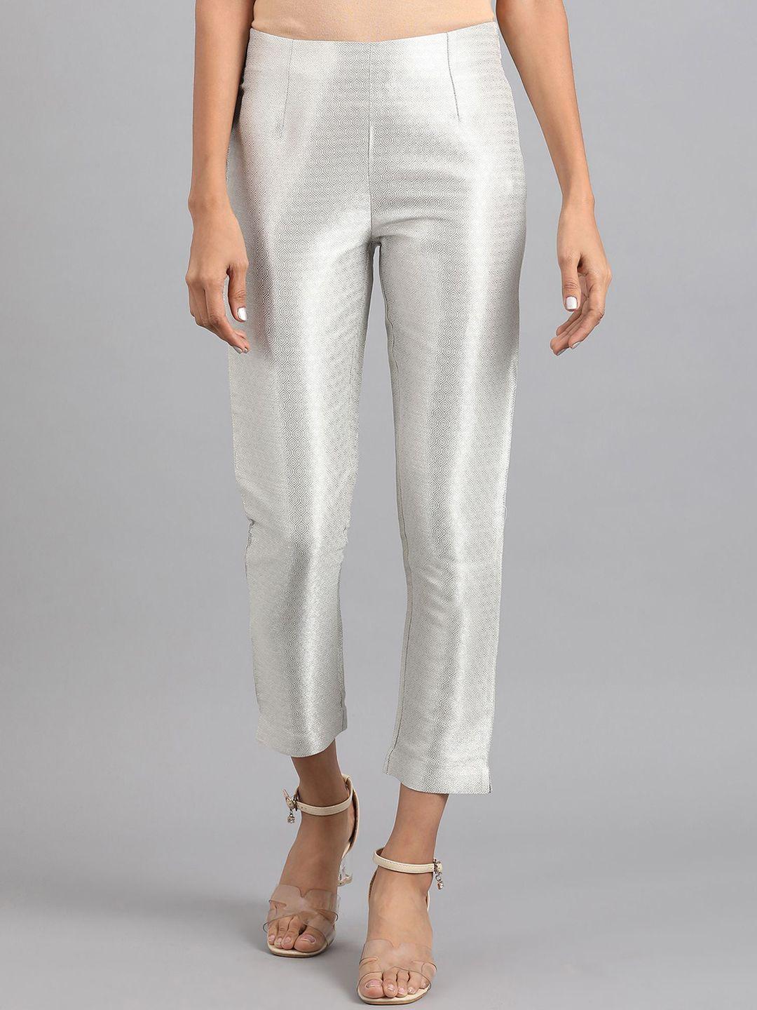 w women silver-toned striped slim fit ethnic trousers