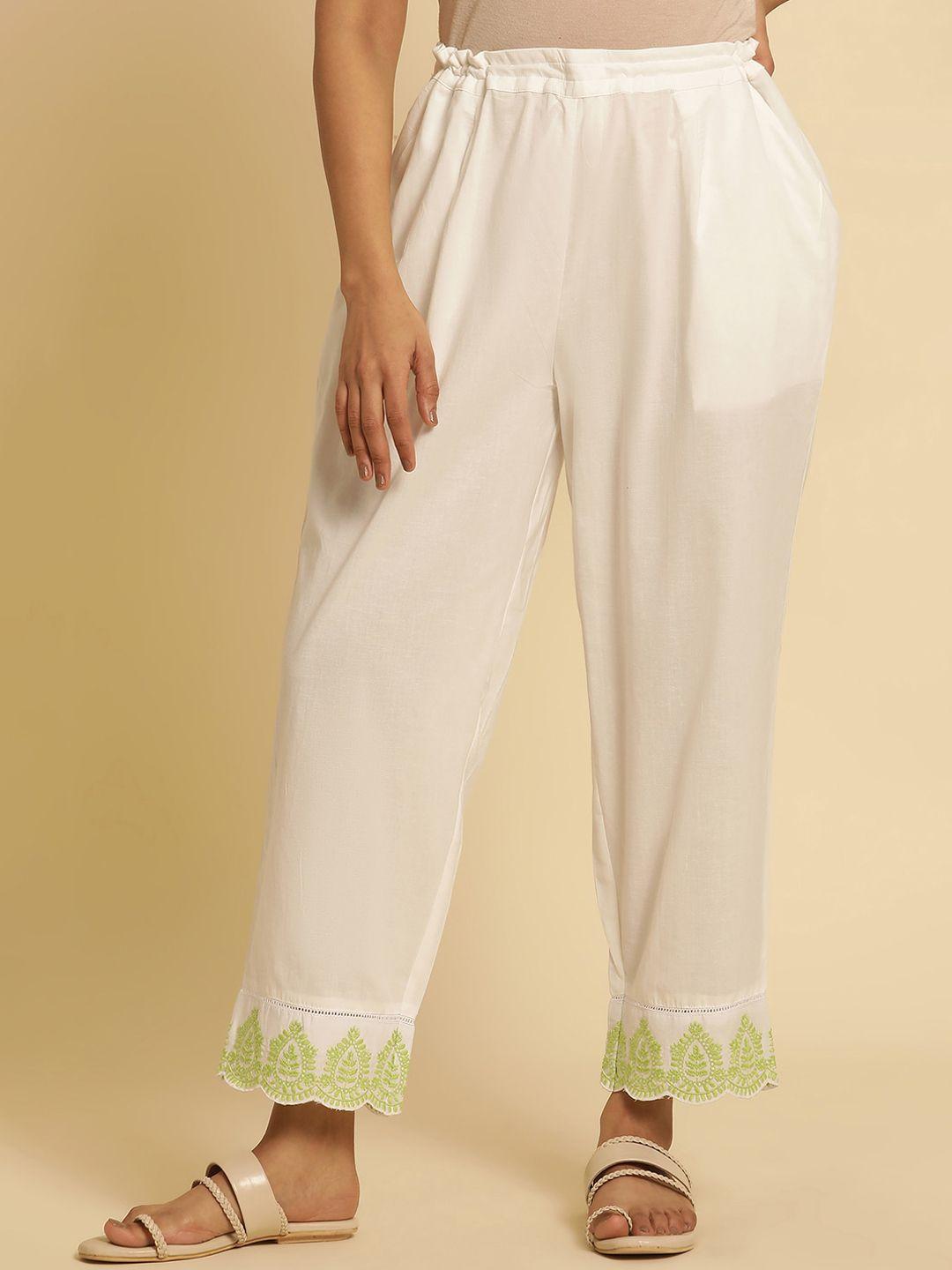 w women straight fit pleated pure cotton ethnic trousers