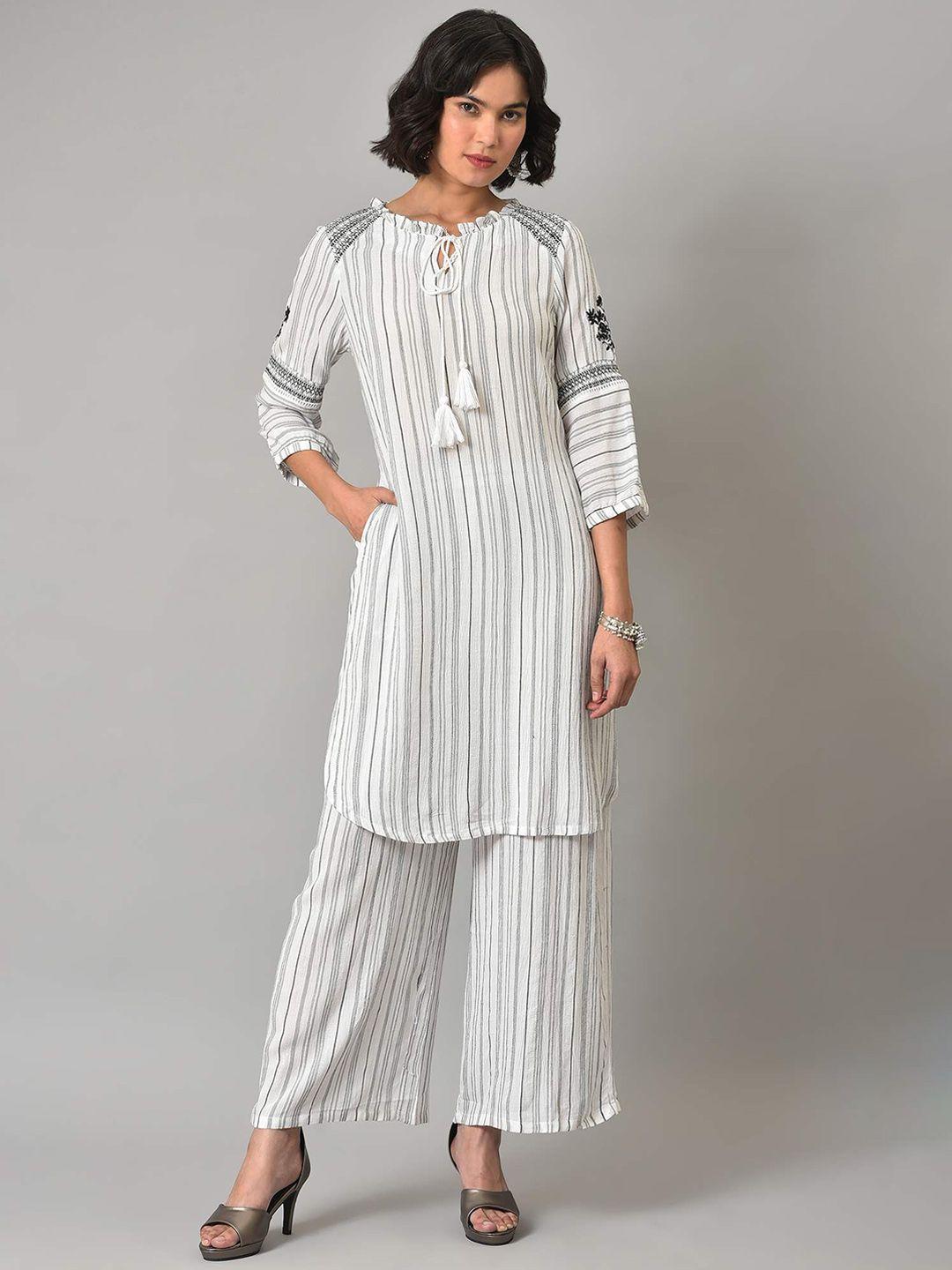 w women striped thread work kurta with palazzos