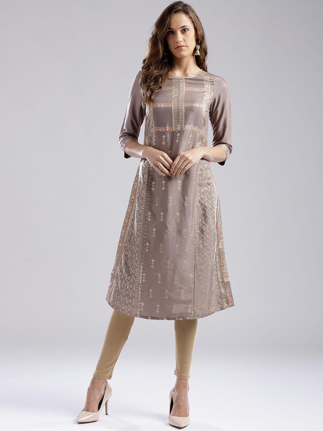 w women taupe printed a-line kurta