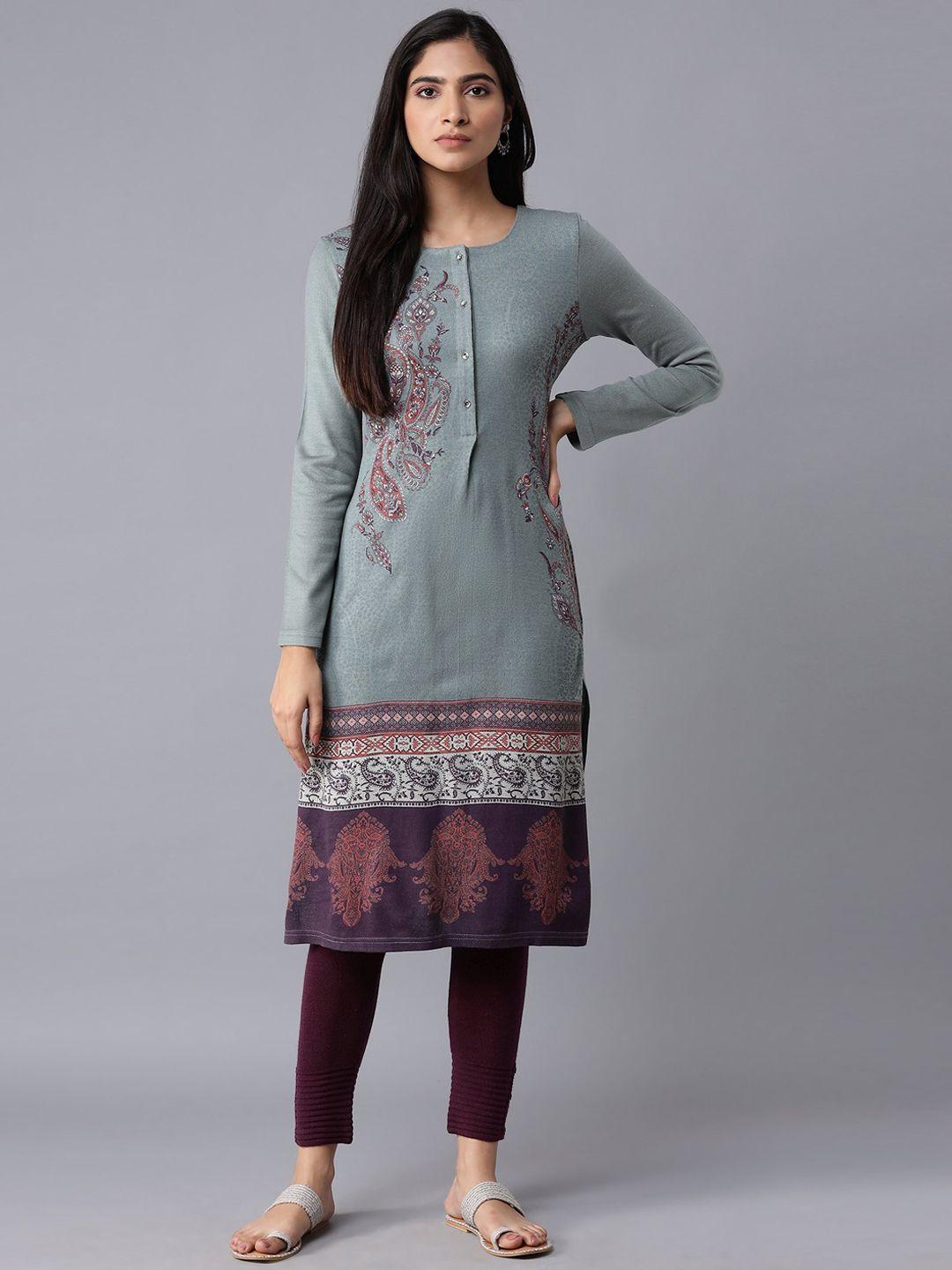 w women teal ethnic motifs printed thread work kurta