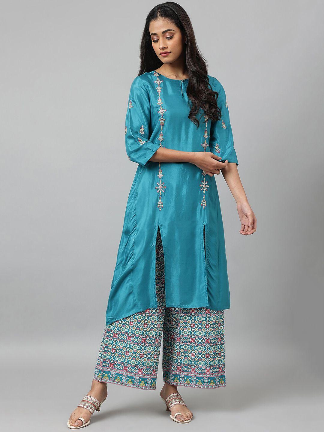 w women teal geometric embroidered kurta