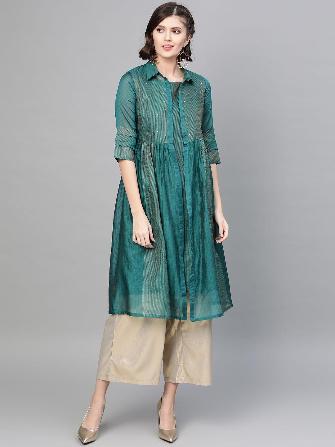 w women teal green & golden striped a-line layered kurta