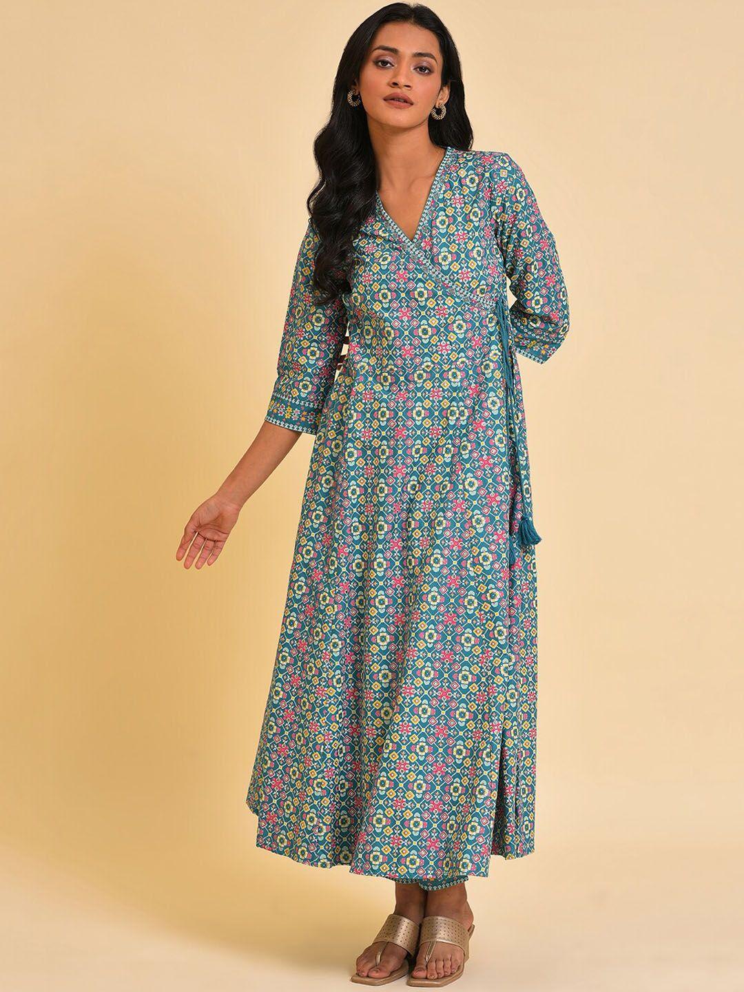 w women teal printed angrakha kurta with trousers