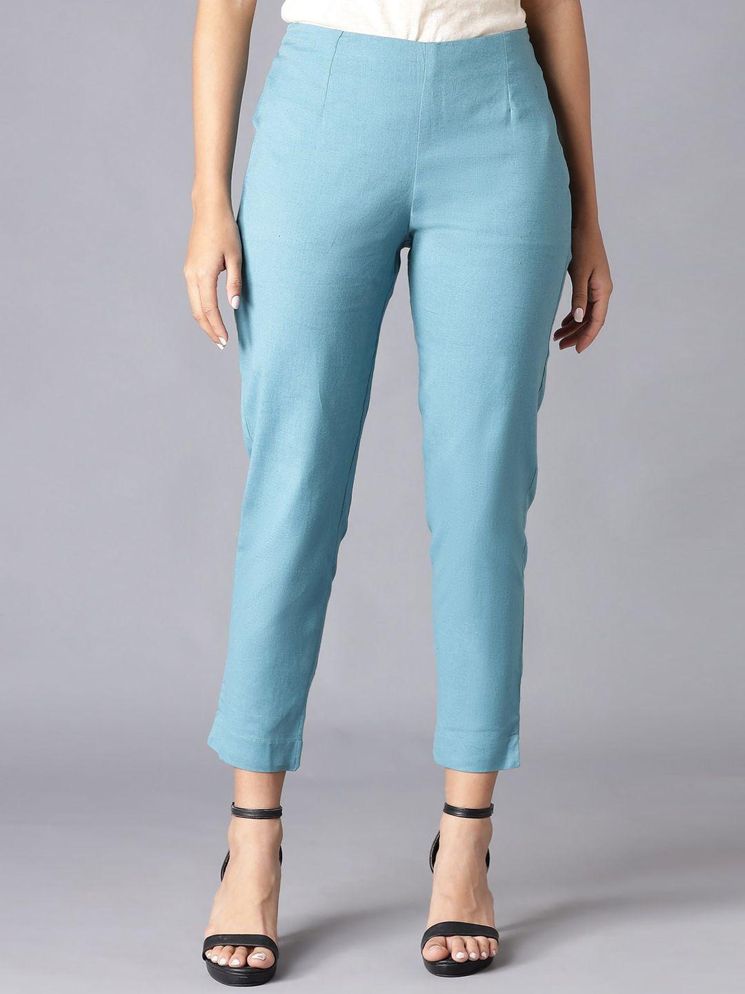 w women teal slim fit trousers