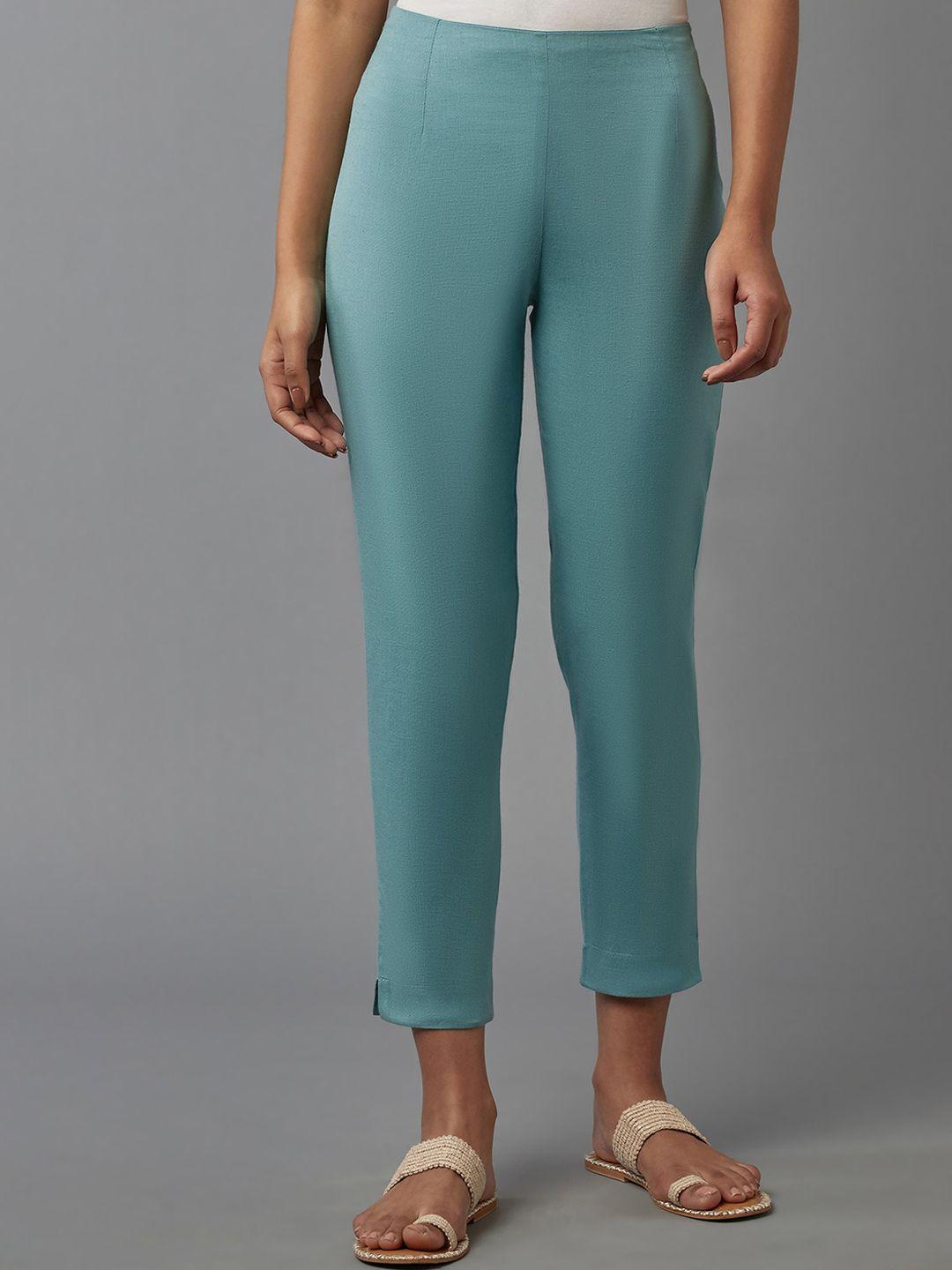 w women turquoise blue slim fit trousers