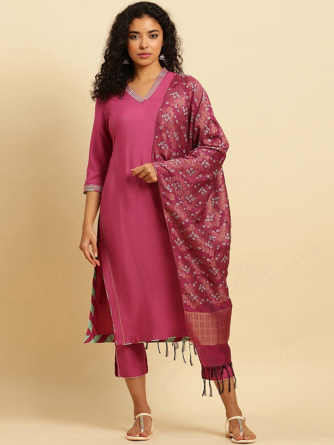 w women v-neck straight kurta & trousers with dupatta