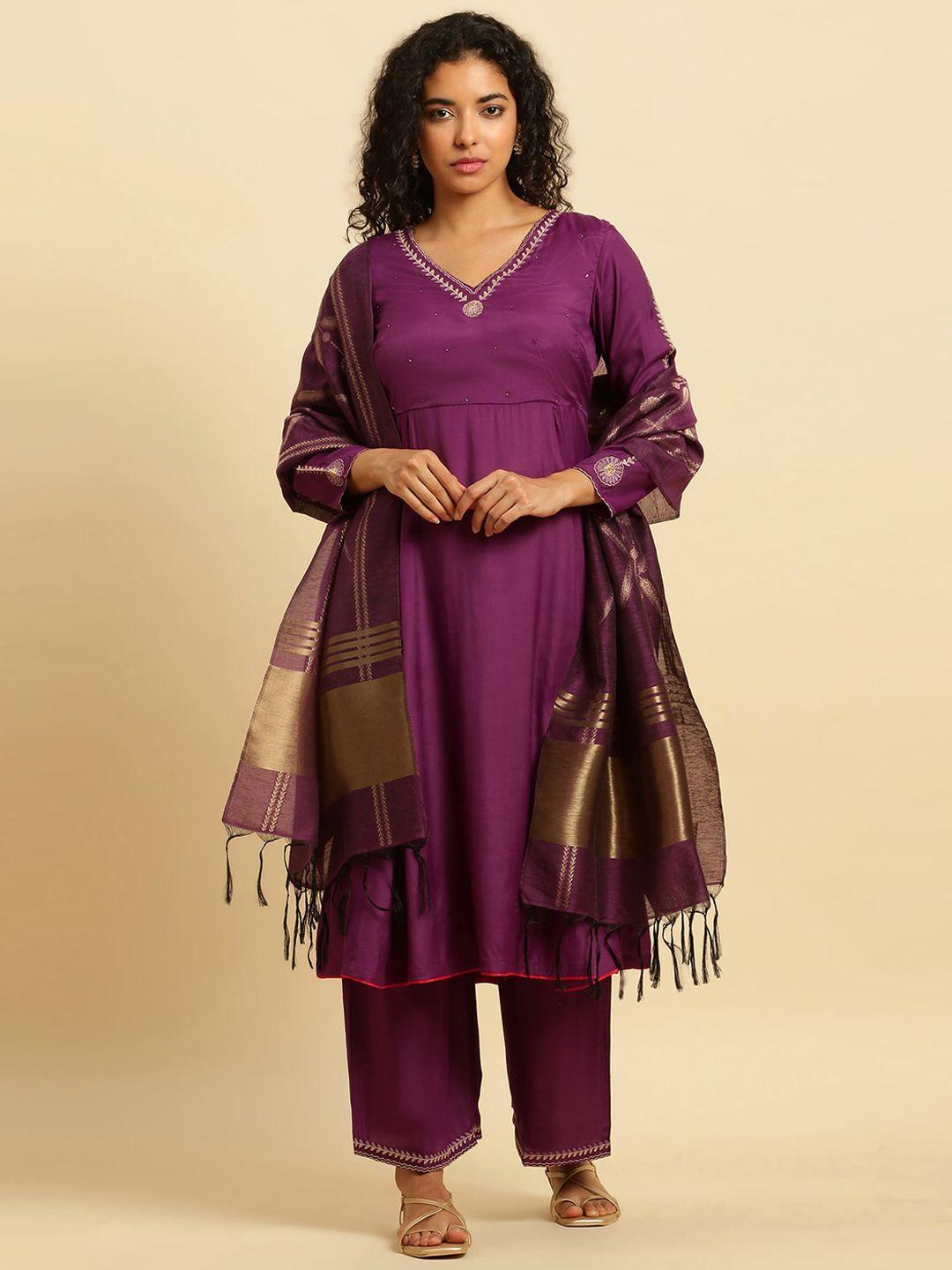 w women v-neck thread work kurta & trousers with dupatta