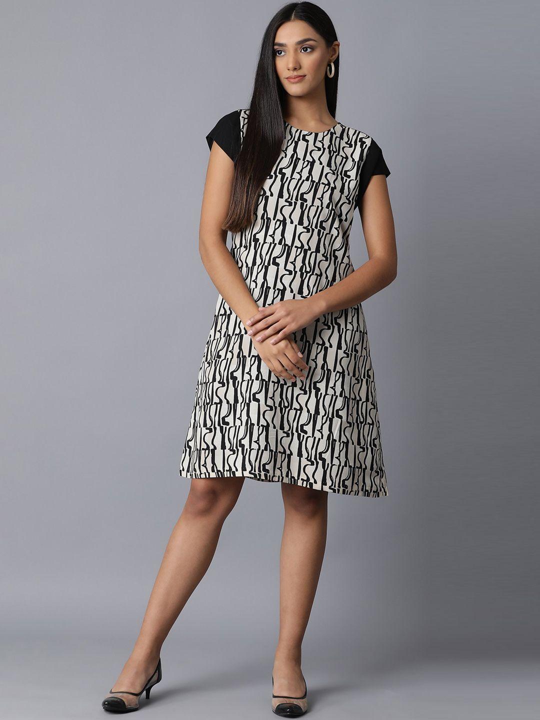 w women white & black printed a-line dress