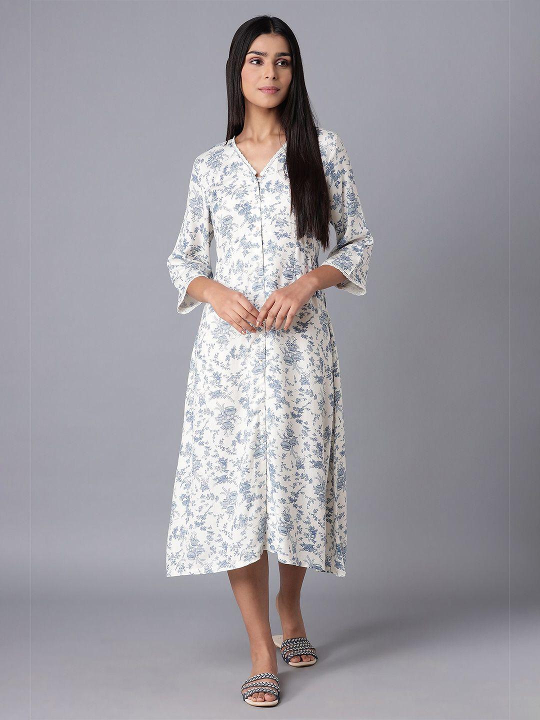 w women white & blue floral a-line midi dress