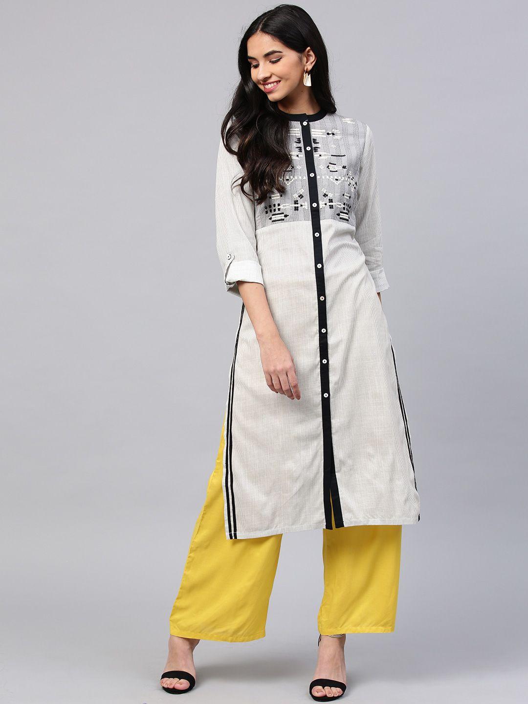 w women white & grey striped straight kurta