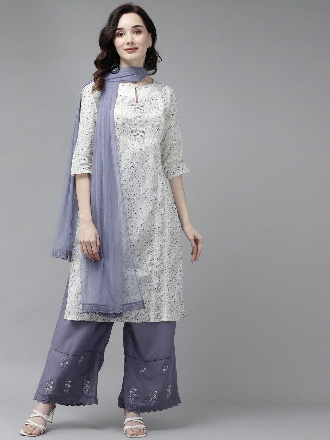 w women white & mauve floral printed pure cotton kurta with palazzos & dupatta