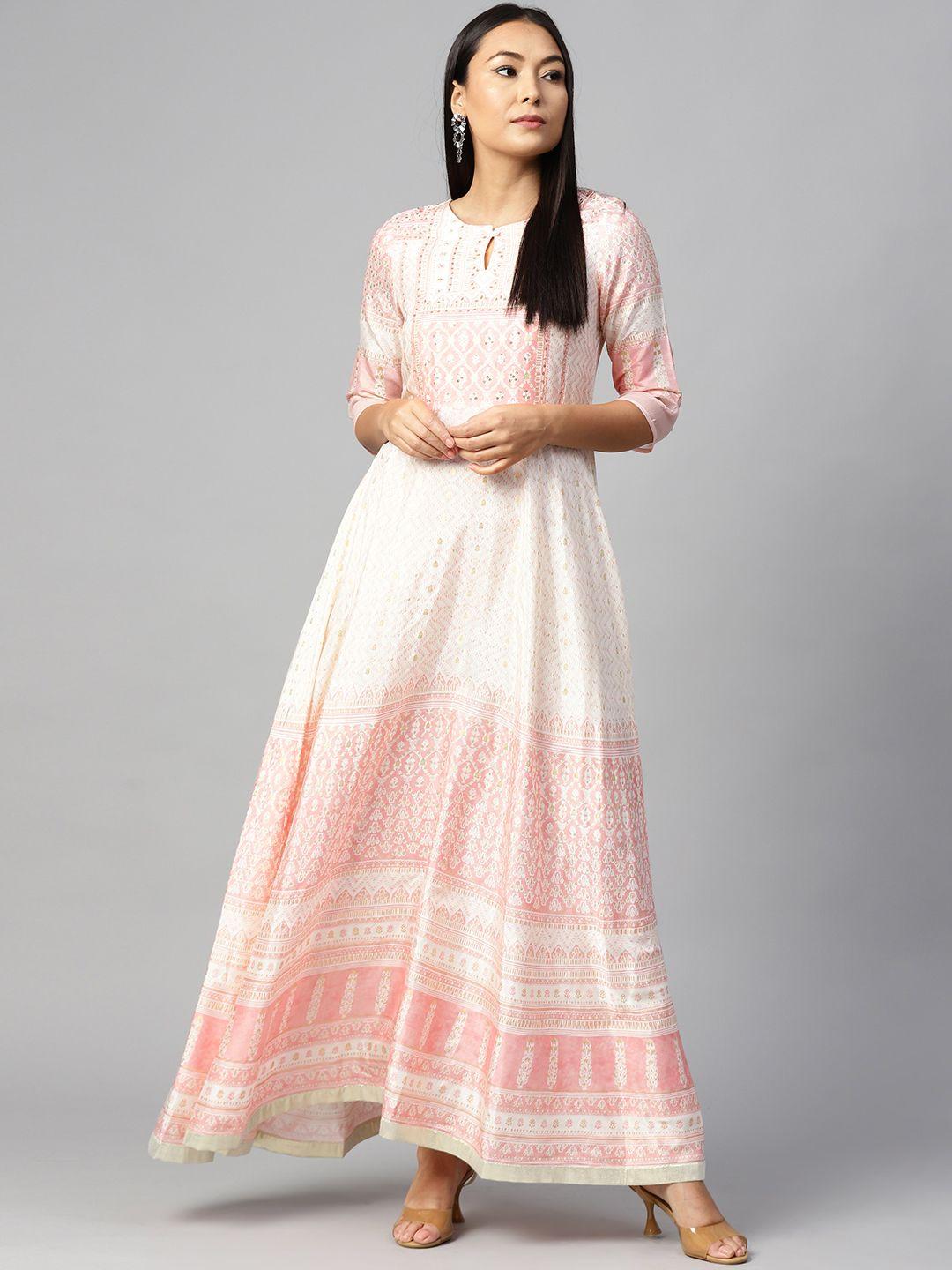 w women white & peach-coloured printed maxi dress