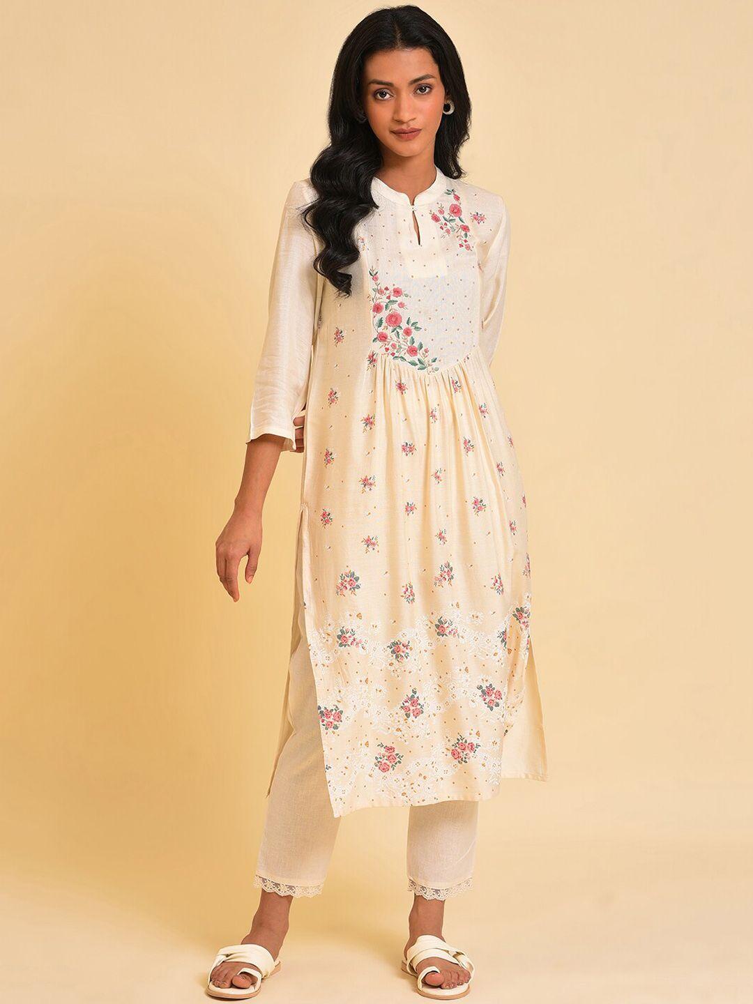 w women white & pink floral printed thread work a-line kurta with trousers