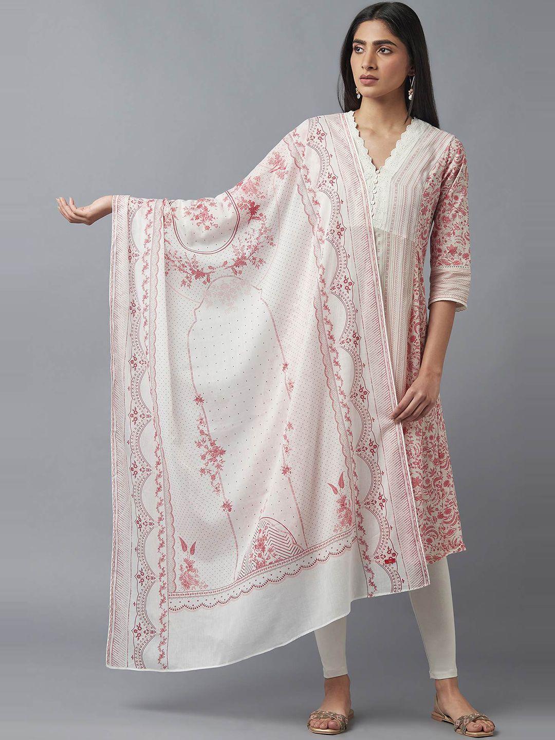 w women white & pink printed pure cotton dupatta