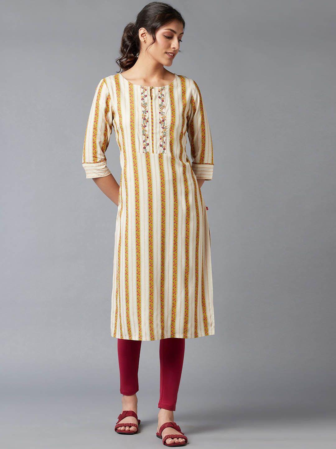 w women white & yellow floral striped thread work kurta