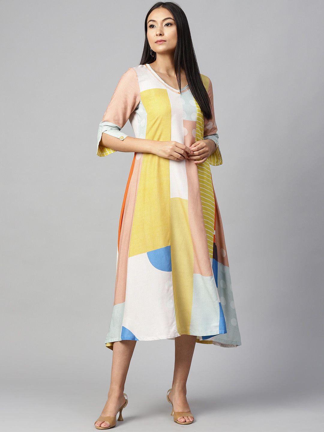 w women white & yellow sustainable forestry printed a-line dress