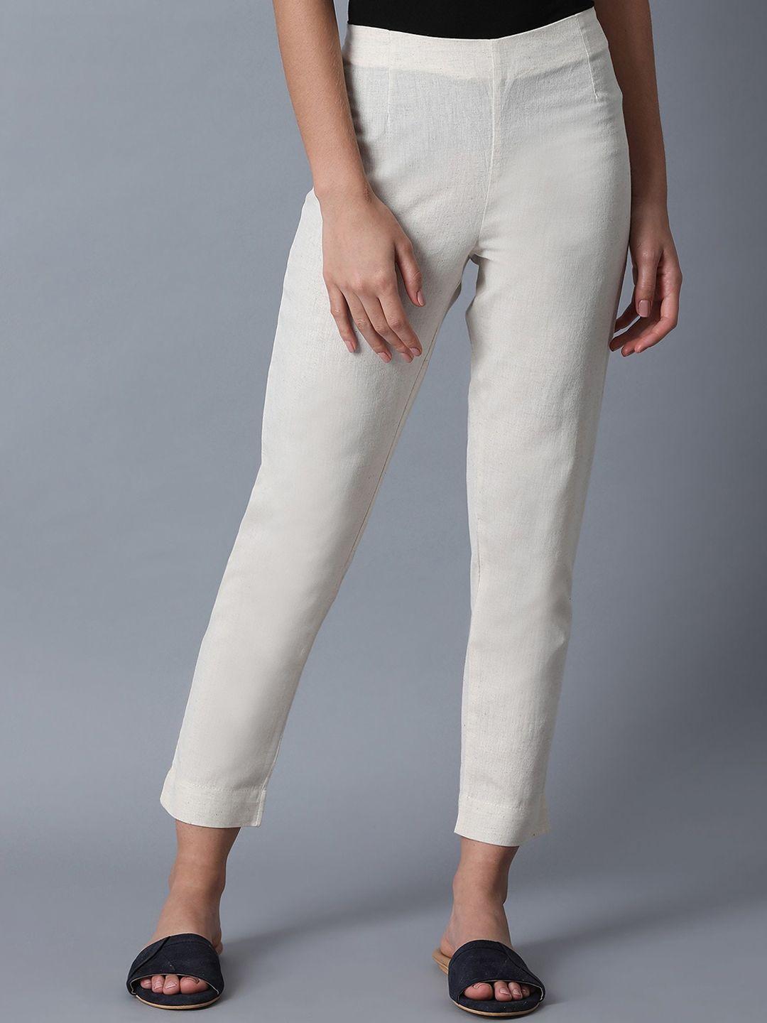 w women white comfort slim fit cropped trousers