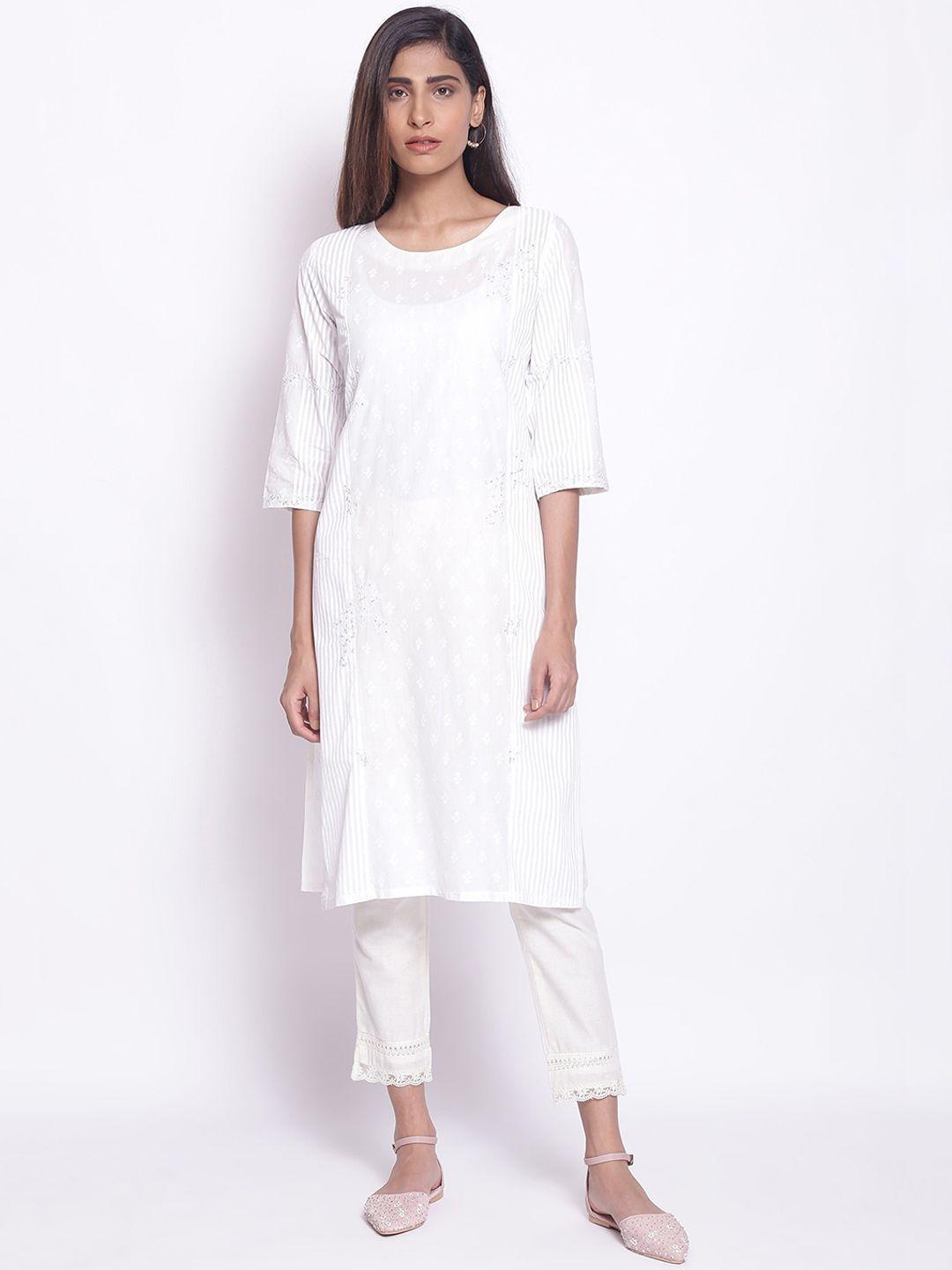 w women white ethnic motifs embroidered kurta