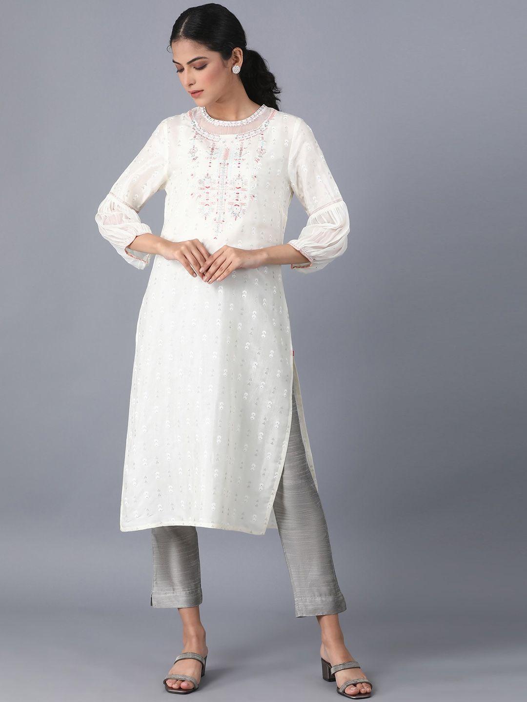 w women white ethnic motifs embroidered thread work kurta