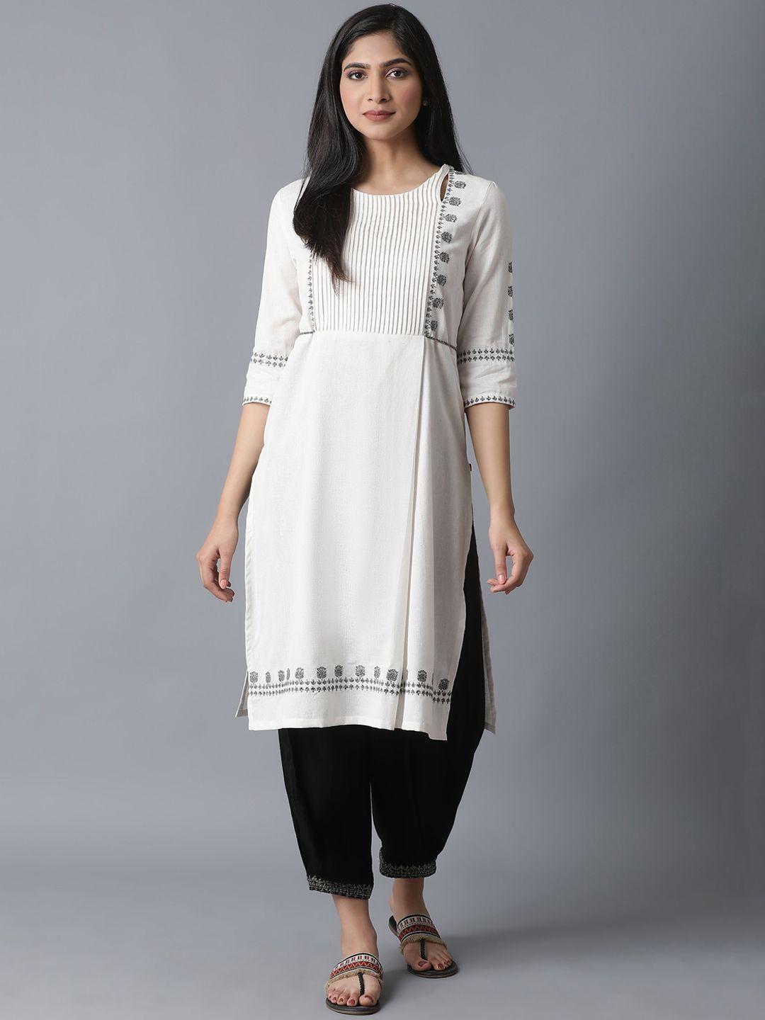 w women white ethnic motifs embroidered thread work kurta