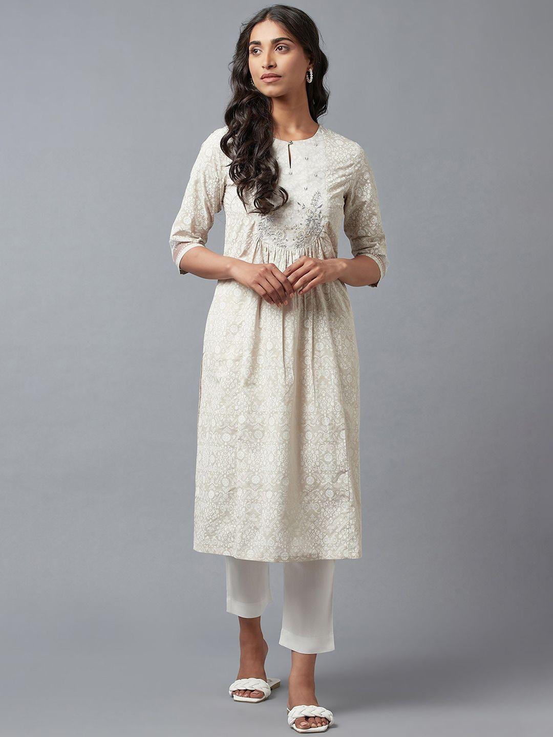 w women white ethnic motifs printed thread work kurta