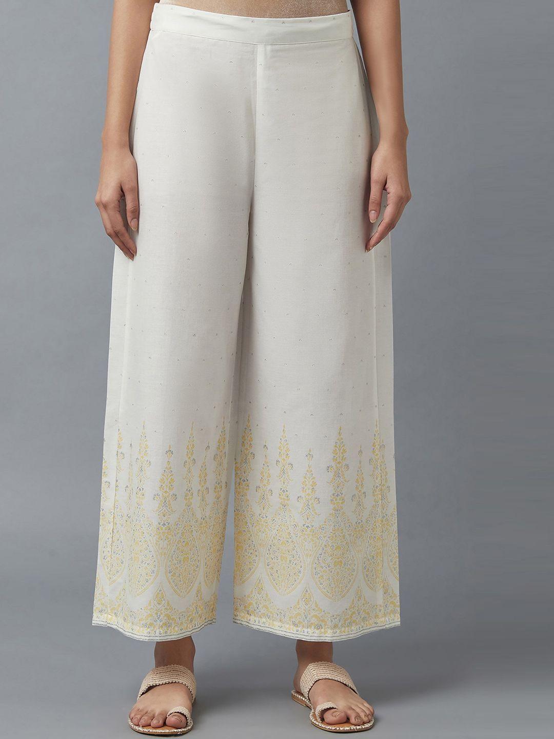 w women white ethnic motifs printed trousers