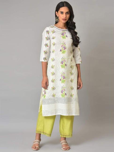 w women white floral print cotton blend straight kurta