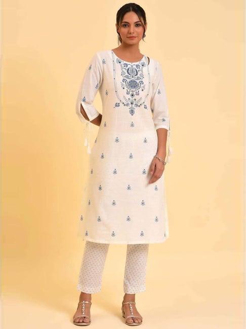 w women white floral print cotton kurta with slim pant