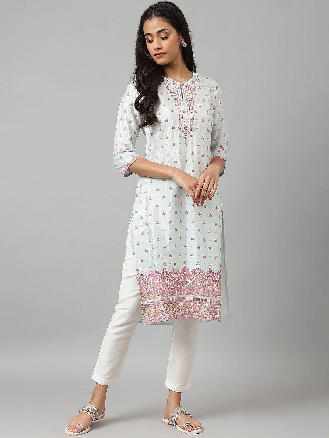 w women white floral printed keyhole neck thread work floral kurta