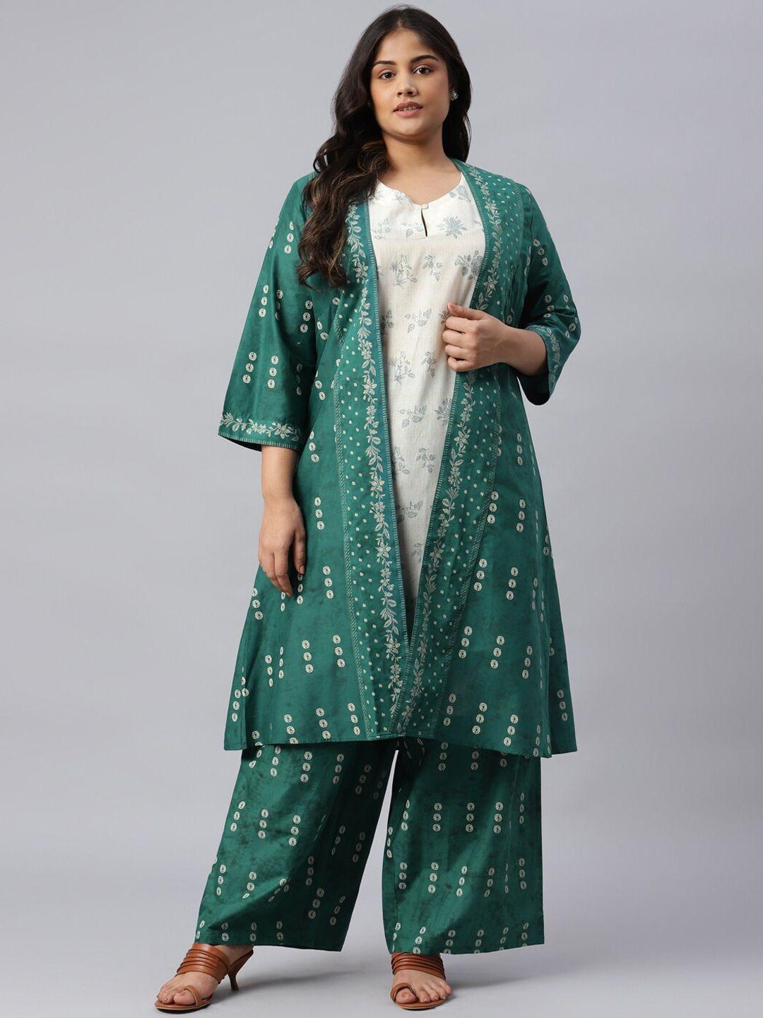 w women white floral printed kurta with palazzos & jacket