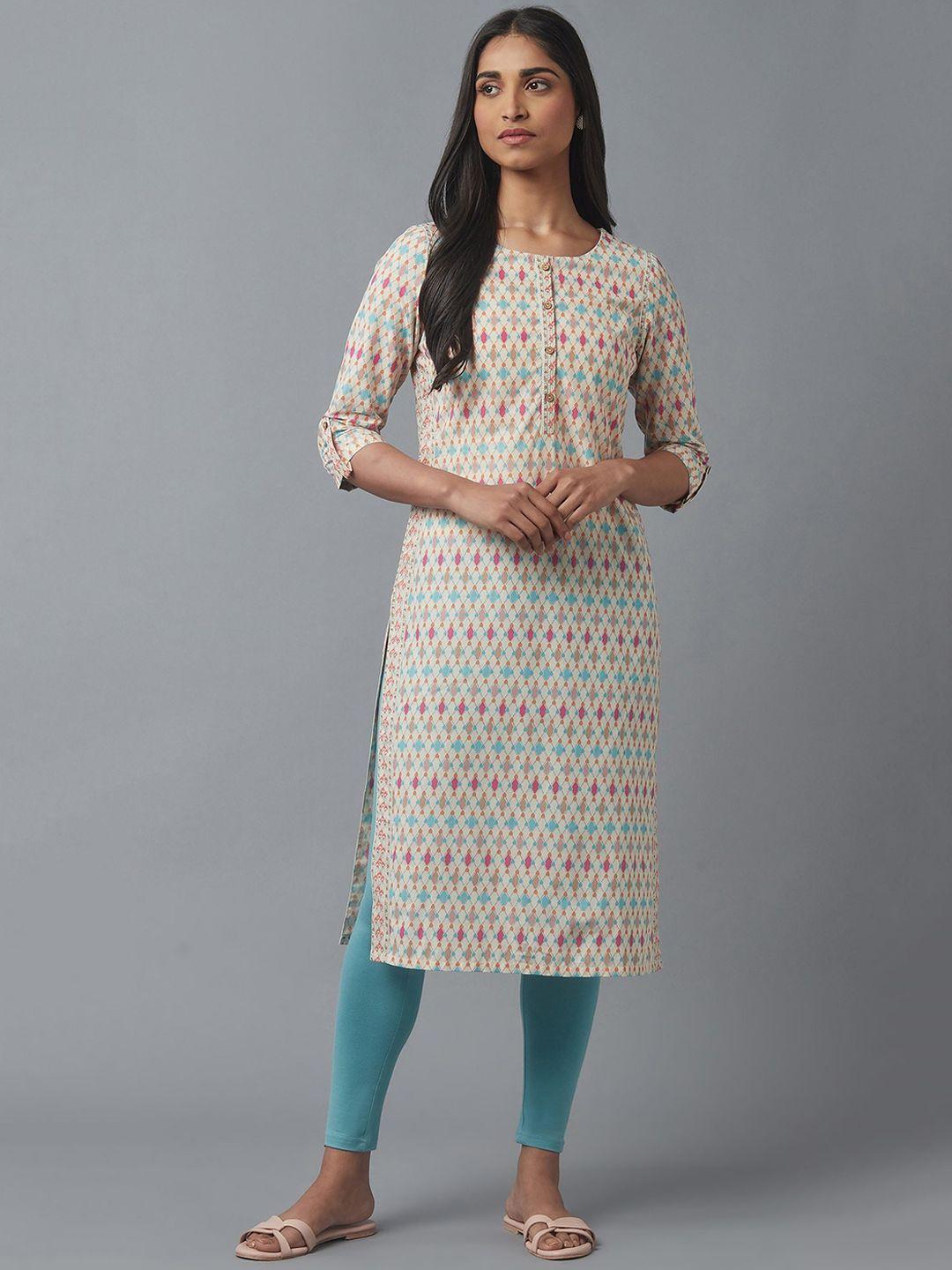 w women white geometric printed round neck  kurta