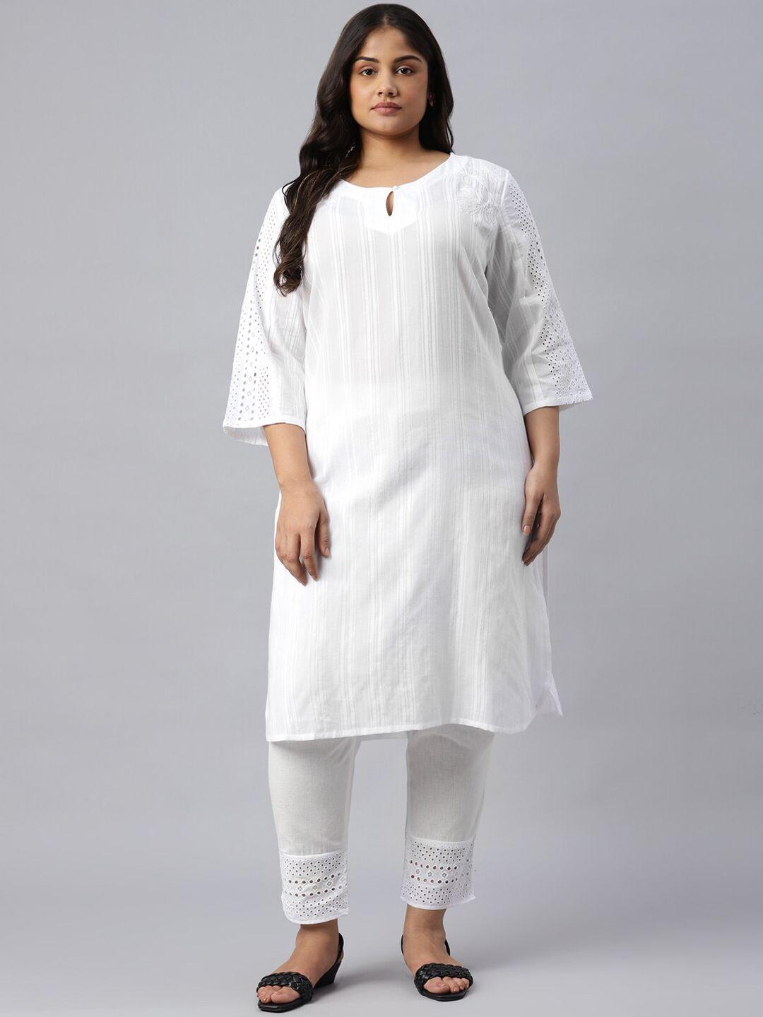 w women white plus size embroidered kurta with trousers