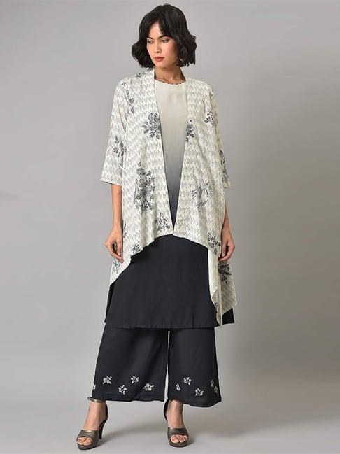 w women white printed rayon kurta with shrugs & parallel pant