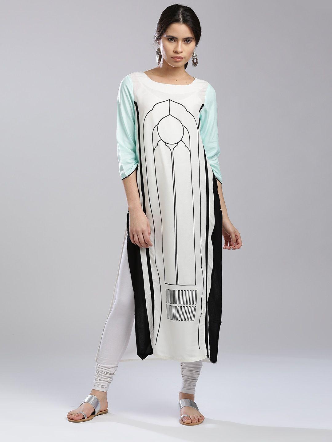 w women white printed straight sustainable kurta