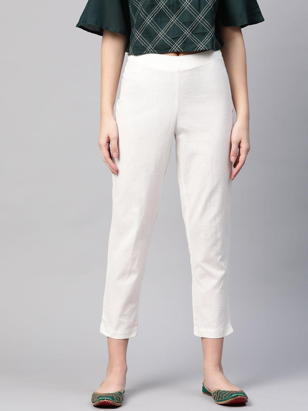 w women white regular fit solid cropped regular trousers