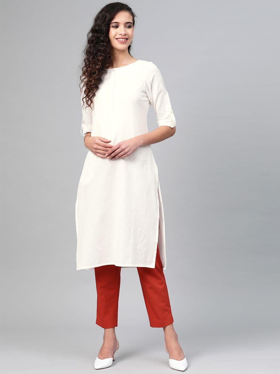 w women white solid straight kurta