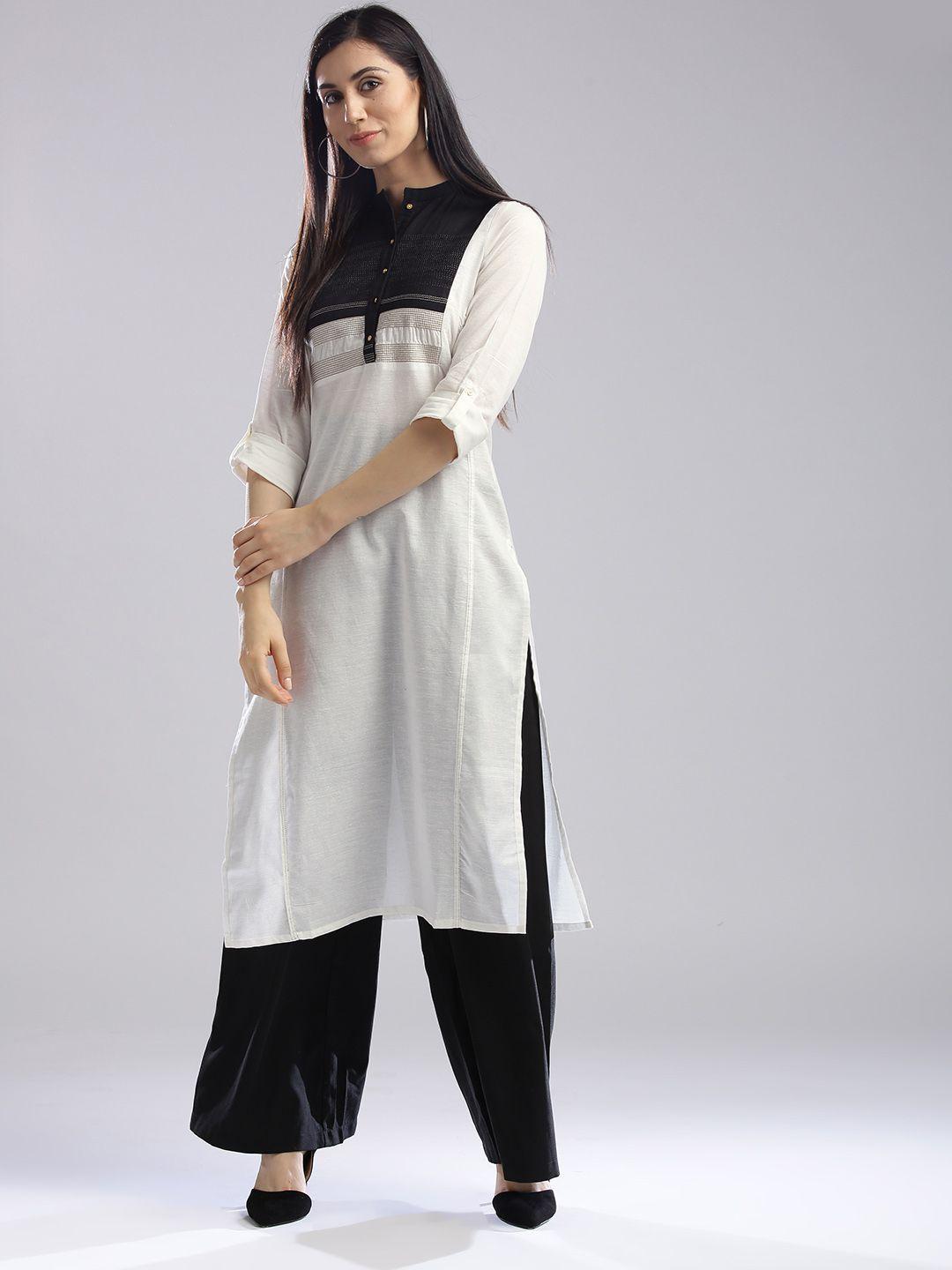 w women white solid straight kurta