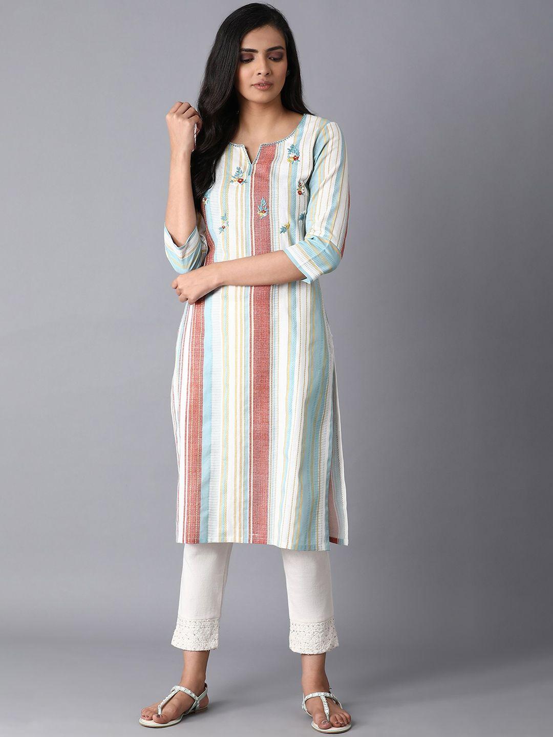 w women white striped thread work floral kurta