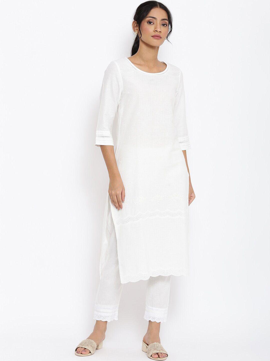 w women white thread work kurta