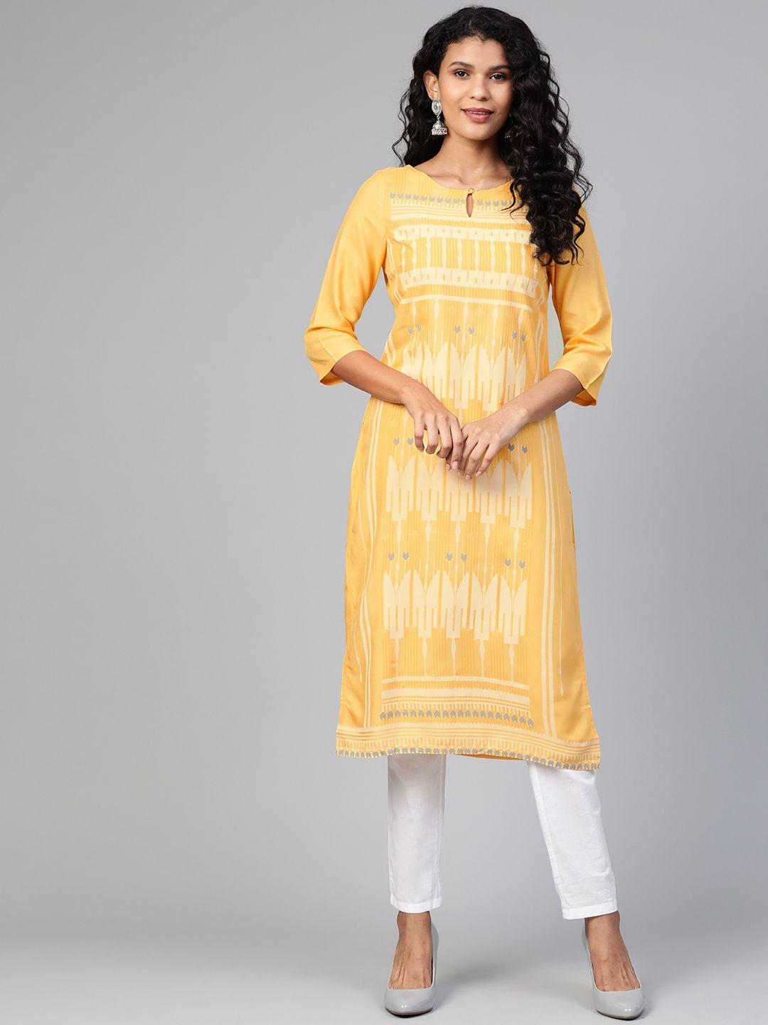 w women yellow & beige printed straight kurta