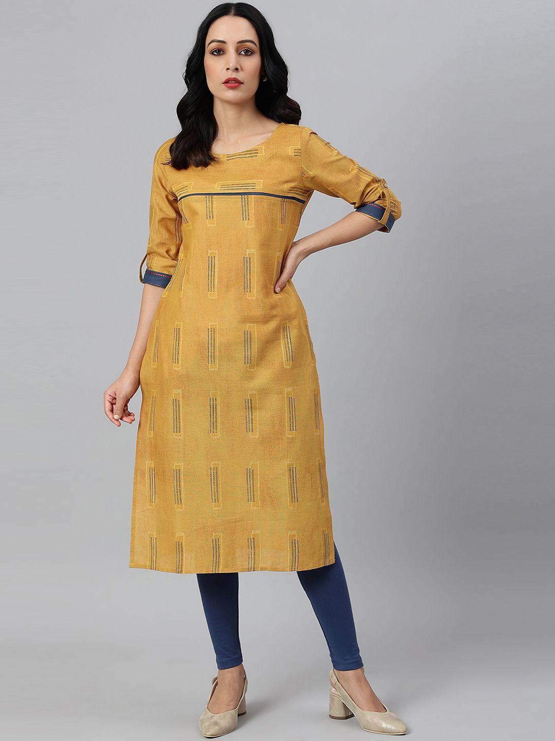 w women yellow & blue ethnic motifs printed kurta