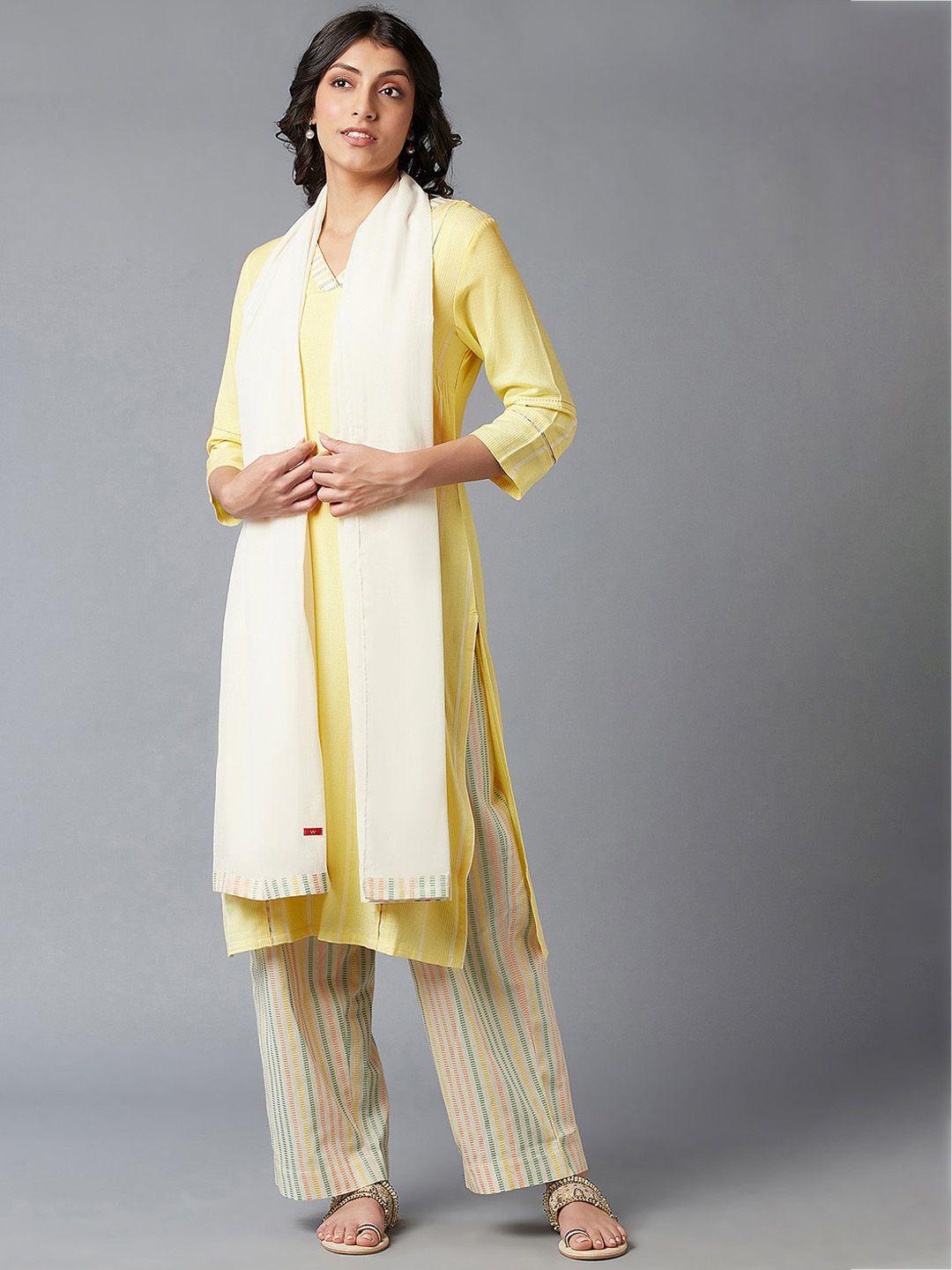 w women yellow & cream striped kurta with palazzos & with dupatta