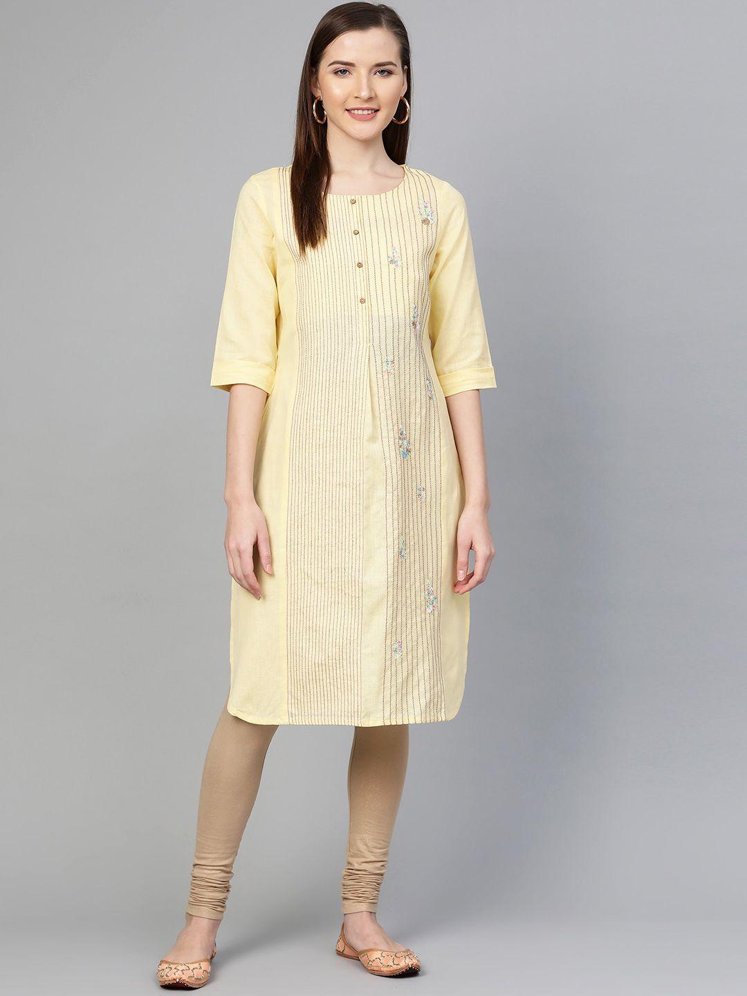 w women yellow & pink embroidered straight kurta