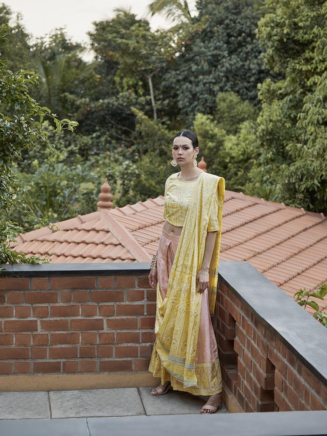 w women yellow & pink printed top with palazzos & dupatta